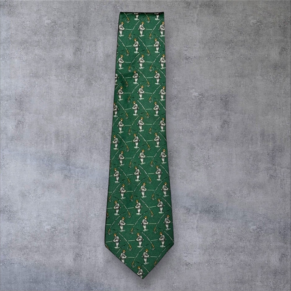 Vintage Polo Ralph Lauren Men's Green‎ Silk Fishing Motif Tie